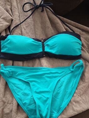 Garage Turquoise and Navy Bandeau Bikini with Front Zip